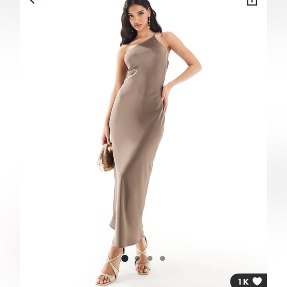 Aria Cove Dresses & Skirts - Aria Cove satin low back asymmetrical midi dress size 6 in mocha